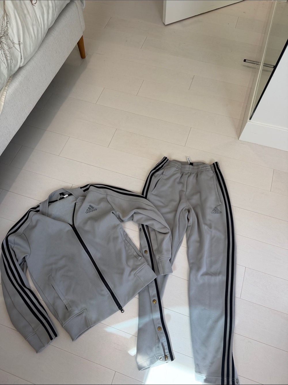Adidas Mens Light Gray Track Jacket & Joggers with Black Stripes